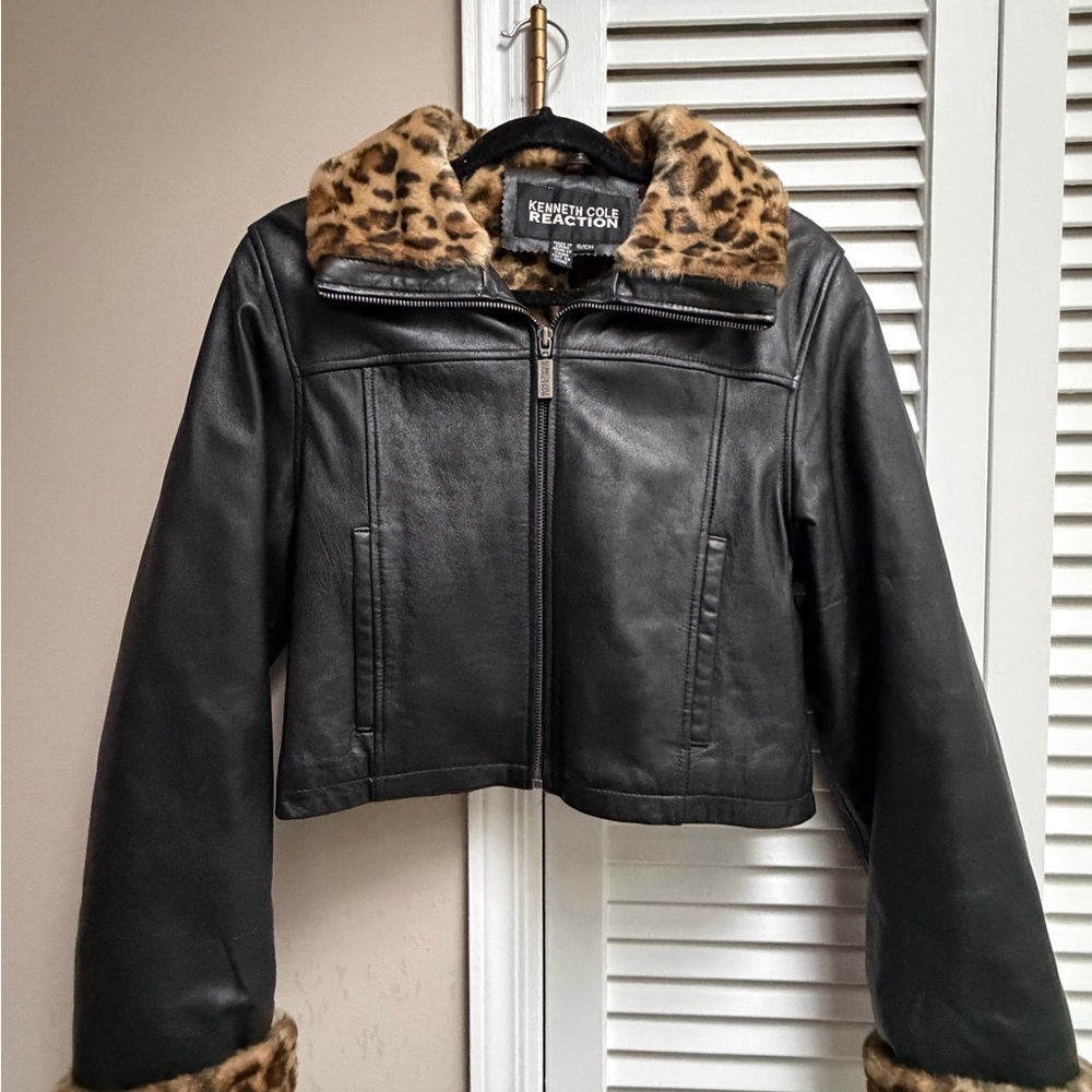 Kenneth Cole Reaction Leather Jacket with Leopard Collar LIKE NEW w/measurements